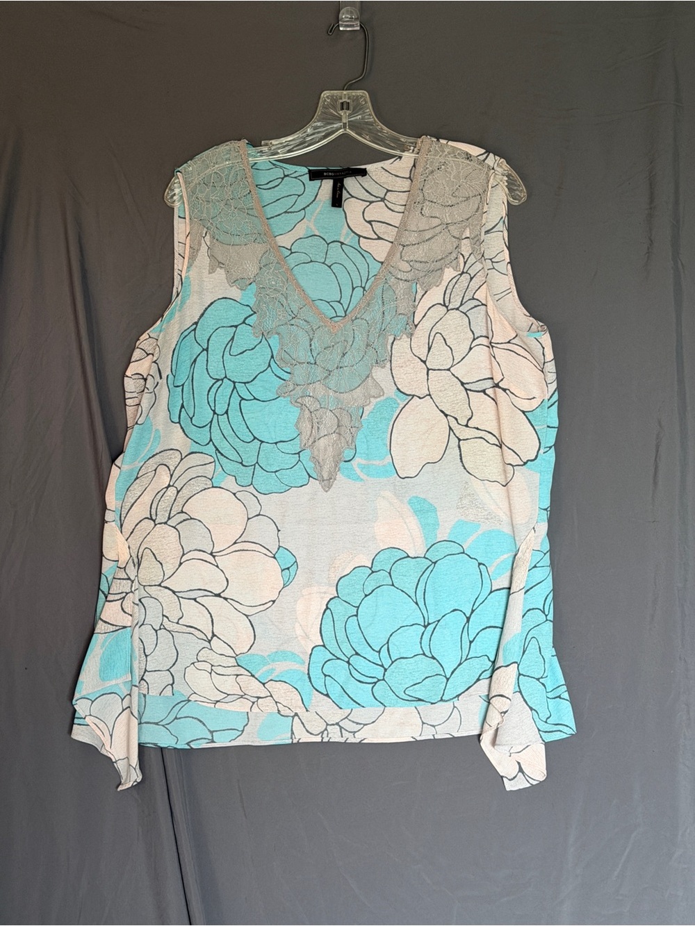 BCBGMaxAzria Aqua and Cream Floral Lace-Trim V-Neck Camisole